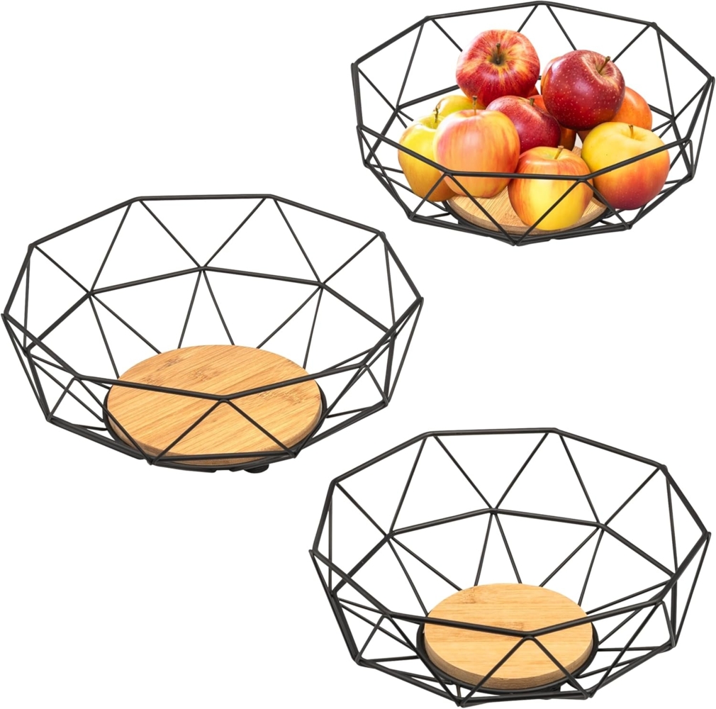 eluno Obstschale Küchenampel mit 3 Etagen aus schwarzem Metall & Bambus Bild 1