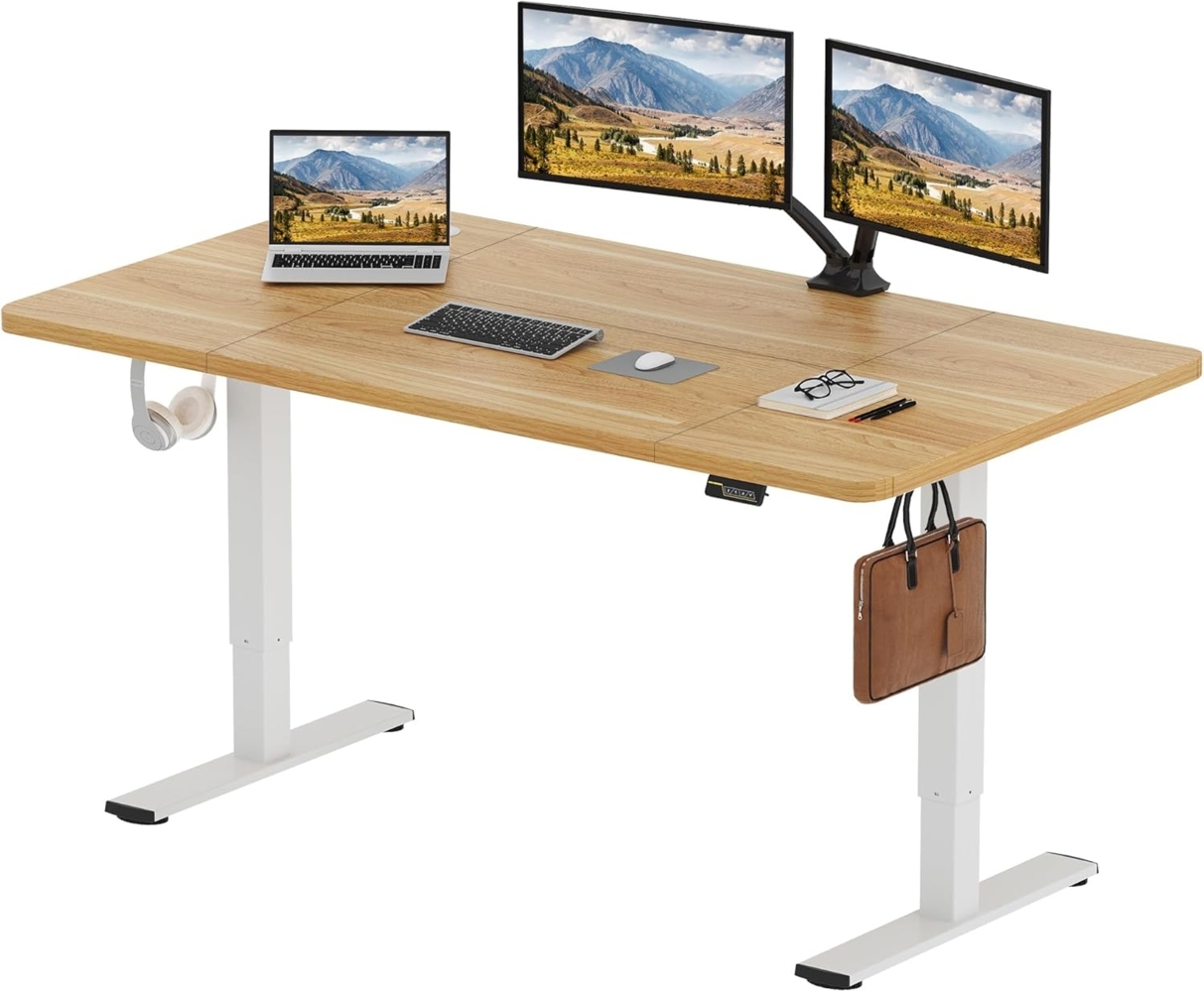 SANODESK Elektrischer Höhenverstellbarer Schreibtisch L-förmiger Schreibtisch Höhenverstellbar Memory Funktion und Haken für Heimbüro Homeoffice und Hause(160x75 cm, ahorn) Bild 1