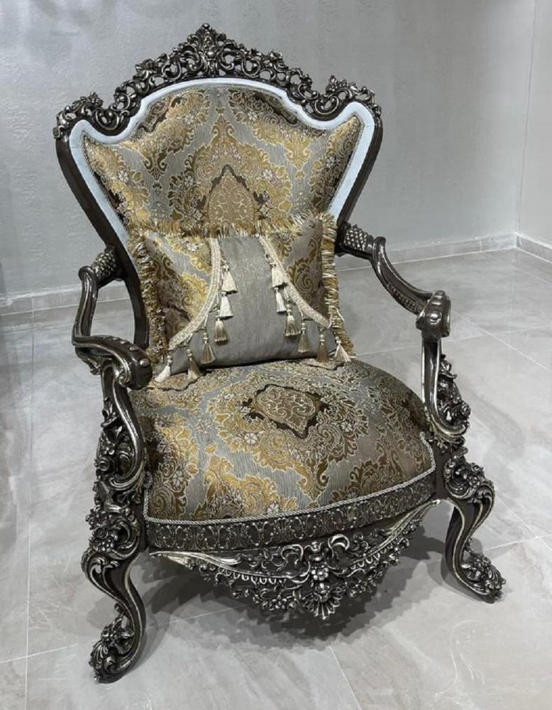 Casa Padrino Luxus Barock Sessel Silber / Gold / Weiß / Schwarz / Silber - Prunkvoller Wohnzimmer Sessel - Barockstil Wohnzimmer Möbel - Luxus Möbel im Barockstil - Barock Einrichtung Bild 1