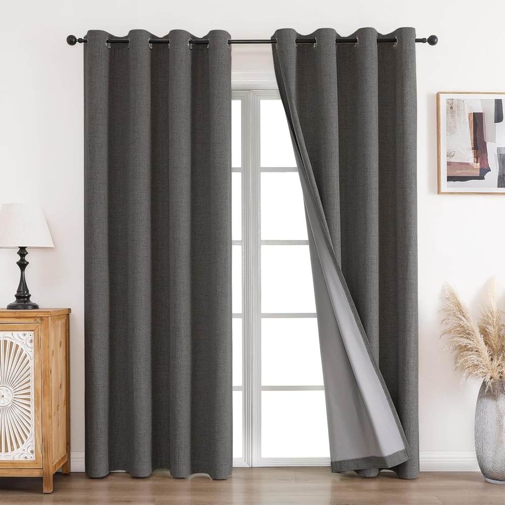 CUCRAF Vorhang 100% Blickdicht Leinen Gardinen mit Ösen Verdunklungsvorhänge Gardinen Grau H245 x B140 cm 2er Set, Thermovorhang Kälteschutz Schallschutz Vorhang für Wohnzimmer Schlafzimmer Bild 1
