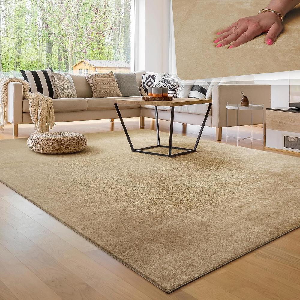 Paco Home Waschbarer Teppich Wohnzimmer Schlafzimmer Kurzflor rutschfest Flauschig Weich Moderne Einfarbige Muster, Grösse:140x200 cm, Farbe:Beige 2 Bild 1