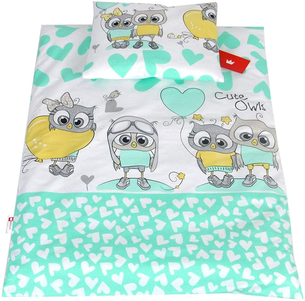 BABYLUX 2 tlg. Set Bezug für Kinderwagen Stubenwagen oder Wiege Garnitur Bettwäsche Kissen Decke 60 x 78 cm (104. Eule Minze) Bild 1