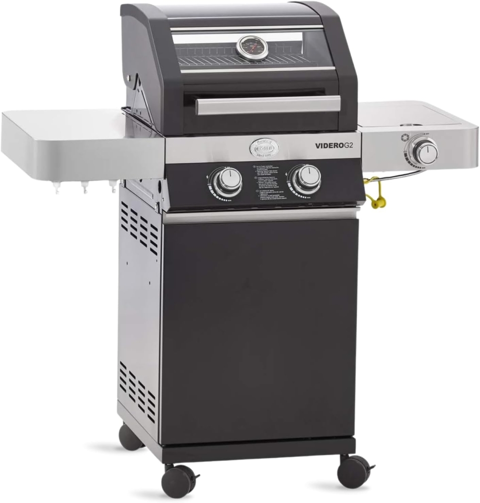 RÖSLE Gasgrill BBQ-Station, VIDERO G2, mit 2 Edelstahlbrennern und extra Seitenbrenner, klappbare Seitentische, pulverbeschichteter Stahl Schwarz, 117,5 x 74 x 57 cm Bild 1