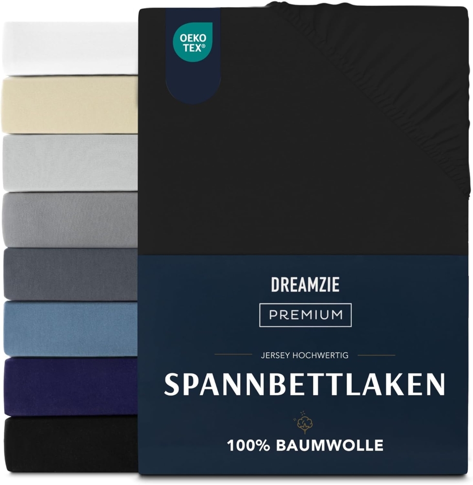 Dreamzie Premium Spannbettlaken 160x200 cm, Spannbetttuch für Dicke Matratzen bis zu 27 cm, Bettlaken 100% Jersey Baumwolle, 150 g/m², Oeko-TEX zertifiziert - Schwarz Bild 1