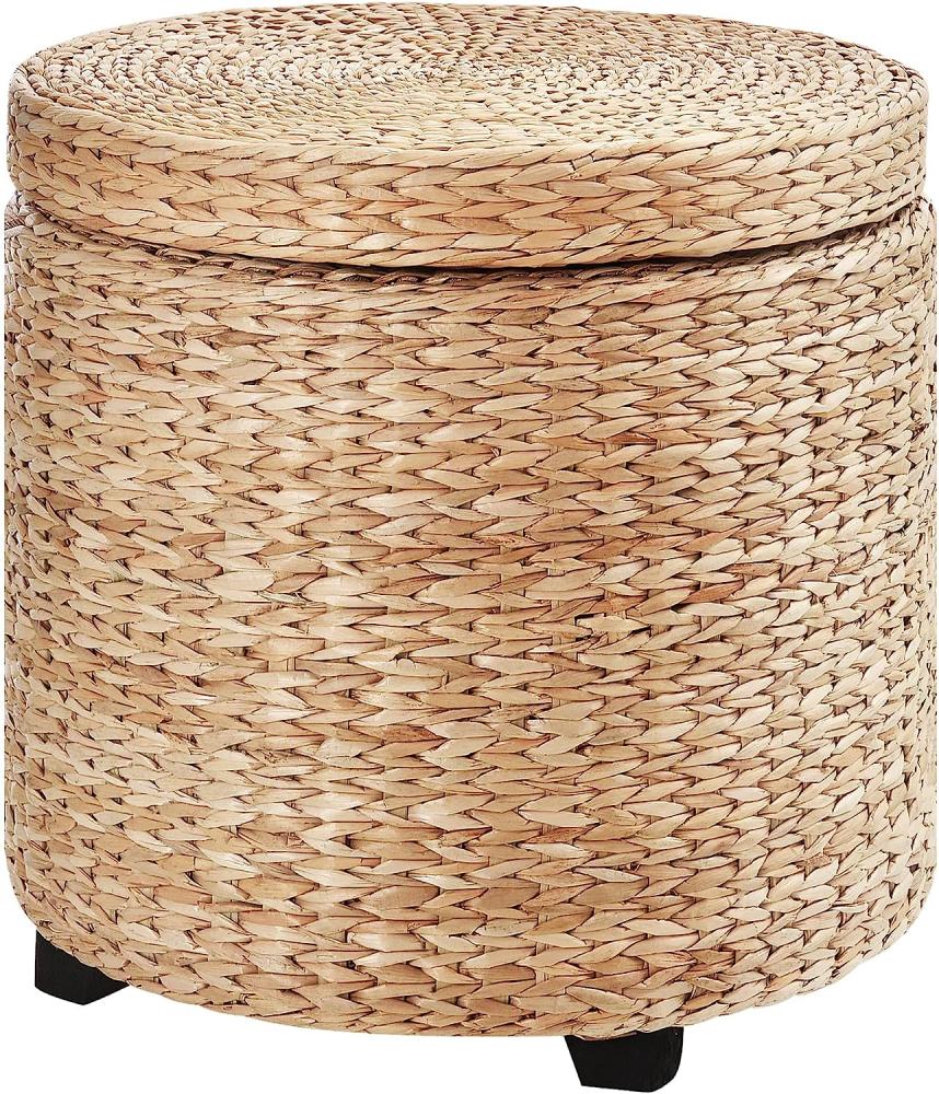 HOMCOM Sitzhocker mit Stauraum, Fußhocker, Fußstützen Hocker, Aufbewahrungsbox, Deckel Abnehmbar, Stroh Rattan, Khaki, Ø43x43 cm Bild 1