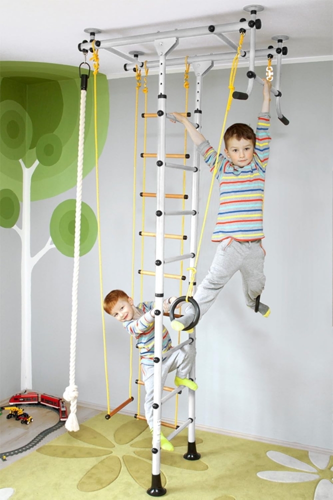 NiroSport Sprossenwand für Kinderzimmer M1 aufbau ohne bohrungen Made in Germany Metallsprossen Weiss Raumhöhe 240 - 290 cm Bild 1