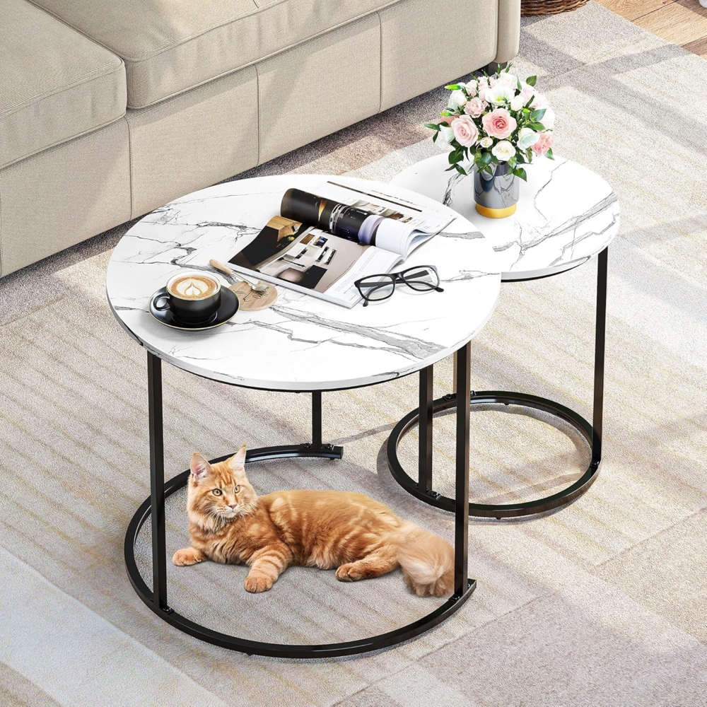 YITAHOME Couchtisch 2er Set Rund, Wohnzimmertisch Modern, Stapelbar, mit Stauraum, Holzplatte, Metallrahmen, Beistelltisch,Cocktail-Tee-Center-Tisch für Wohnzimmer, Heimbüro, weiß Bild 1