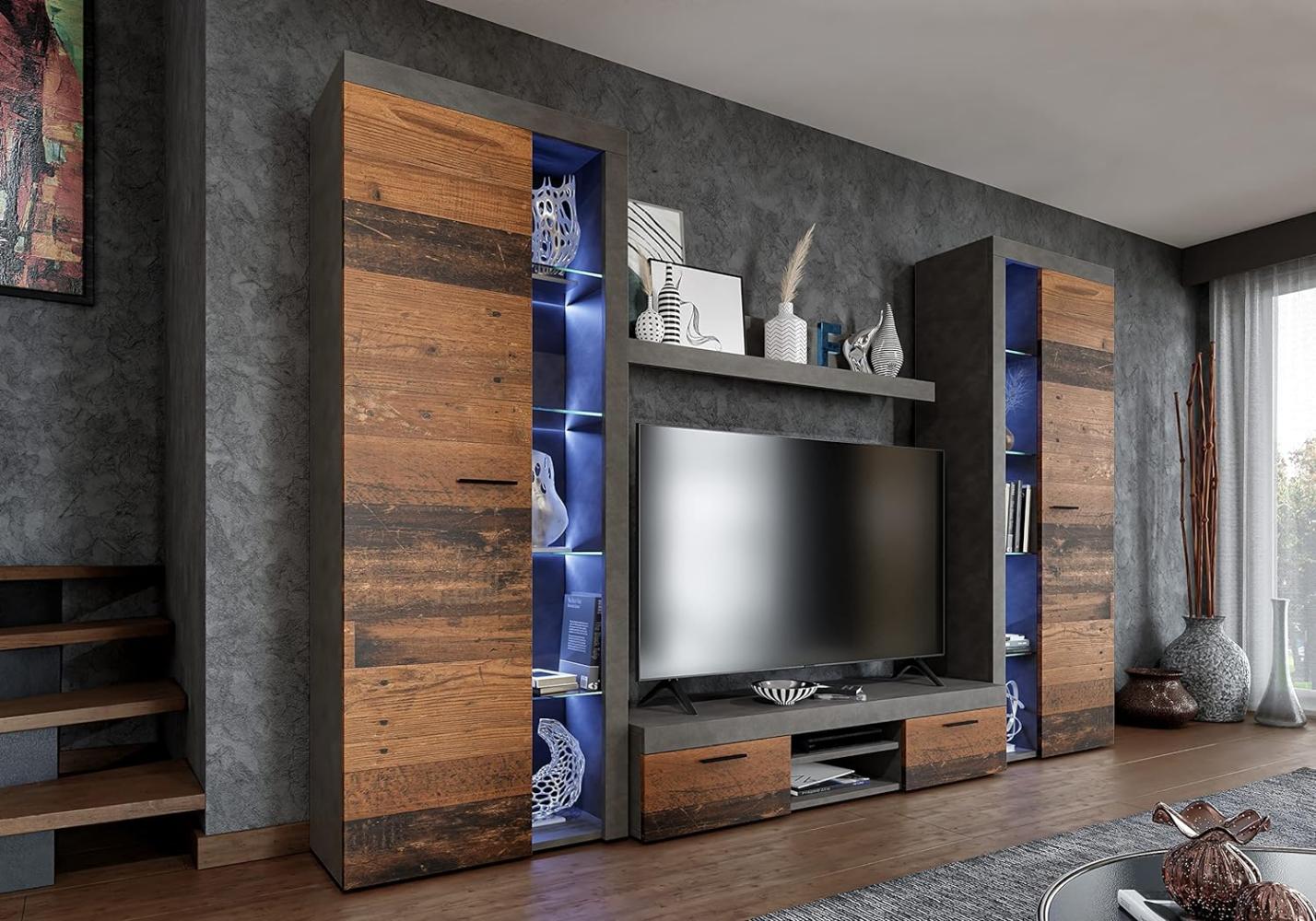 FURNIX NEU Wohnwand Riva XL Mediawand Betonoptik Wohnzimmer 4-TLG Komplett-Set mit LED - TV Lowboard, Highboard Vitrine, Wandregal Freistehend - B 300 x H 190 x T 40,2 cm, Farbe Old Wood/Matera Bild 1