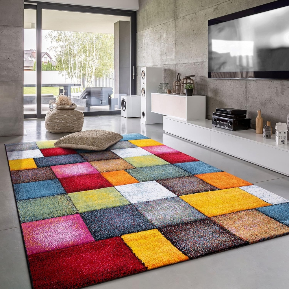 Paco Home Teppich Wohnzimmer Kinderzimmer Kurzflor Moderne 3D Optik Kariert Geometrische Muster, Grösse:80x300 cm, Farbe:Bunt Bild 1