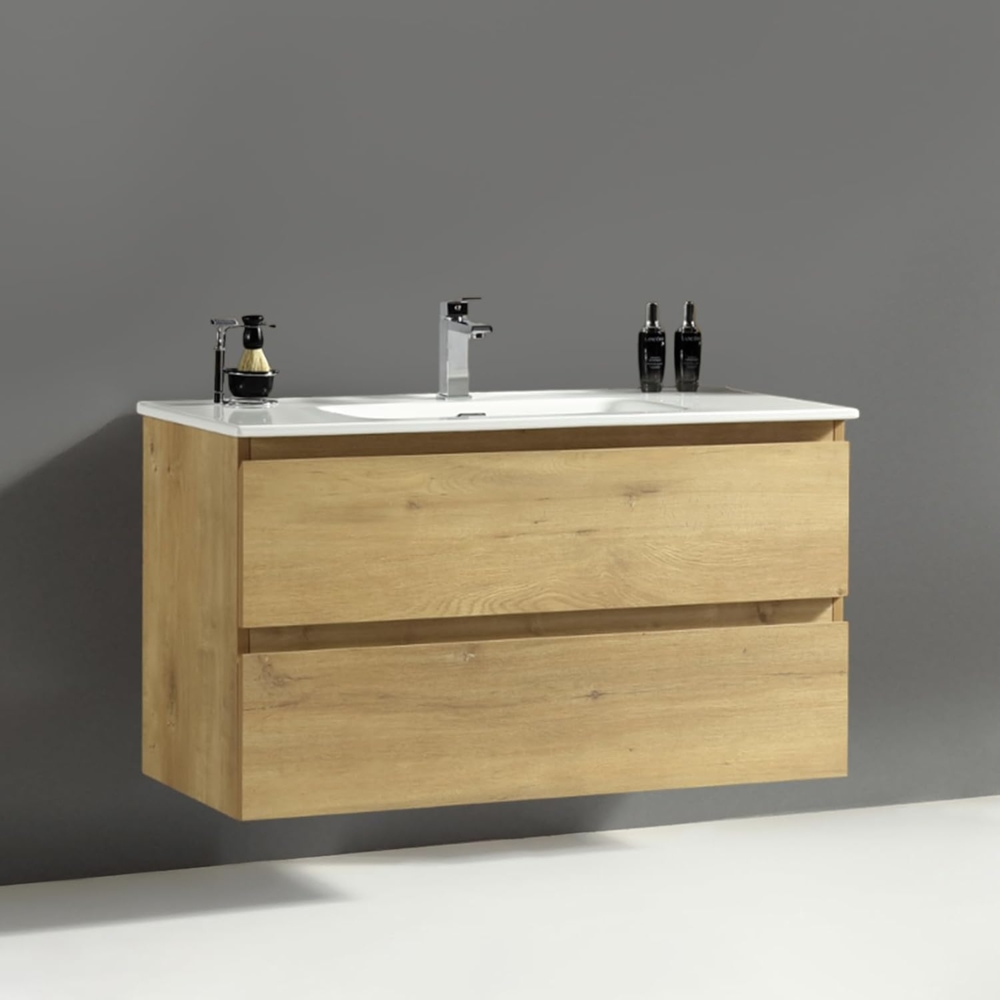 Alpenberger Badmöbel-Set Badezimmermöbel Badezimmer Schrank, (Möbel Farbe Eiche Natur, 2 Waschbeckenunterschrank Schubladen), Waschtisch mit Unterschrank 100 cm Breit Bild 1