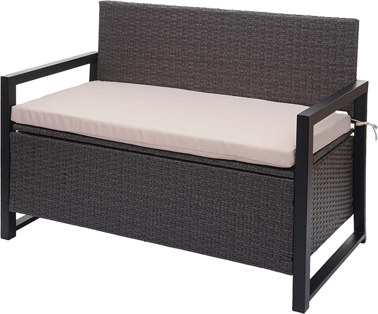 Poly-Rattan 2er Sitzbank HWC-F39, Gartenbank Truhenbank, Staufach Aufbewahrung Sitzkissen ~ grau, Kissen beige Bild 1