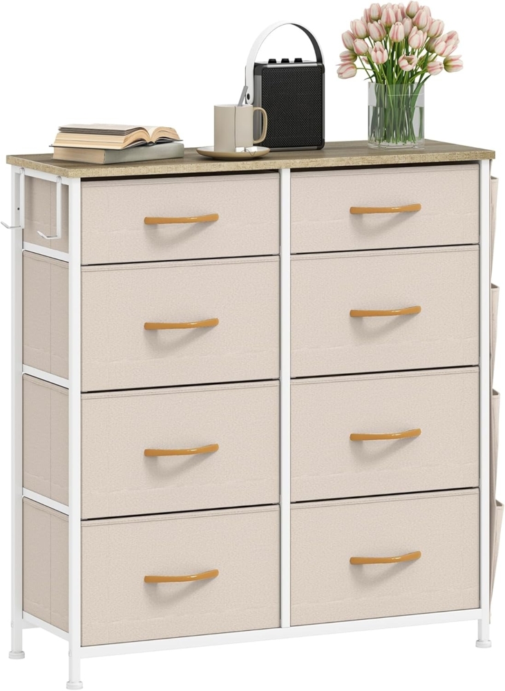 DWVO Kommode mit 8 Schubladen, langlebiger Schrank mit Haken & Seitentaschen, Stoffschubladen mit Griffen, Robustes Metallgestell, Beige Bild 1