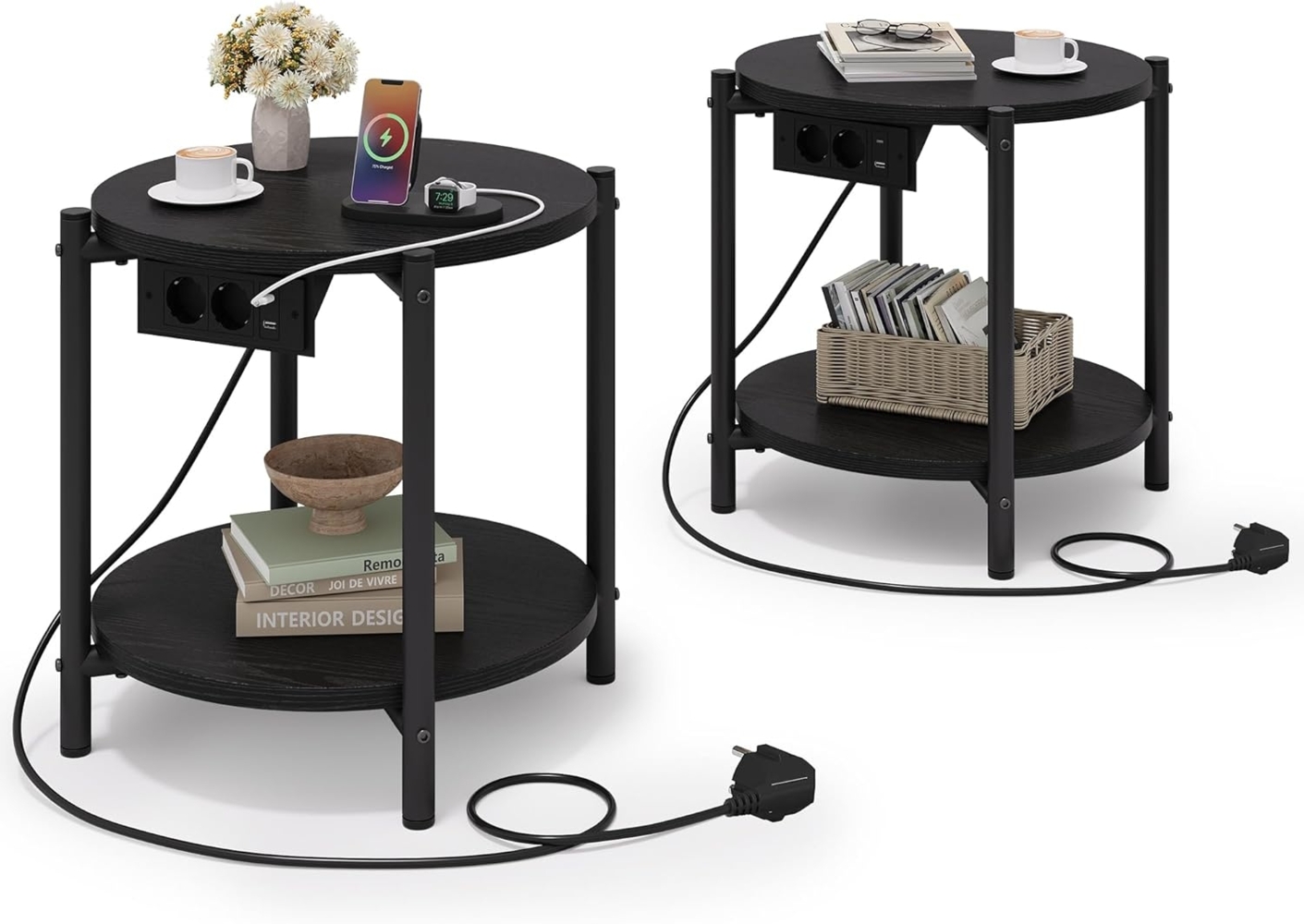 IRONCK Beistelltisch rund, Couchtisch mit Steckdose, Kleiner Tisch Holz, Wohnzimmertisch 2 Ablagen,Sofatisch,USB & Type-C-Anschluss, Metallrahmen, Nachttisch für Schlafzimmer (Schwarz, 2 Stücke) Bild 1