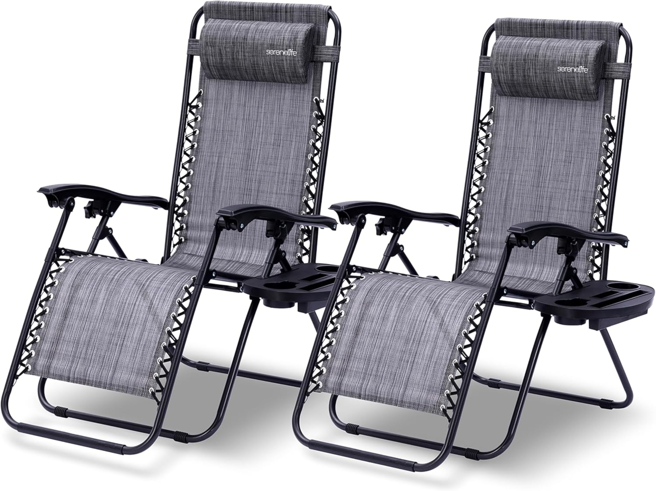 SereneLife Gartenliege 2er Set, Liegestuhl, Sonnenliege klappbar mit Stufenlos verstellbare Positionen, Kopfstütze Getränk & Handyhalter, Liegestuhl Garten, Relaxliege ideal fürs Relaxen & Chillen Bild 1