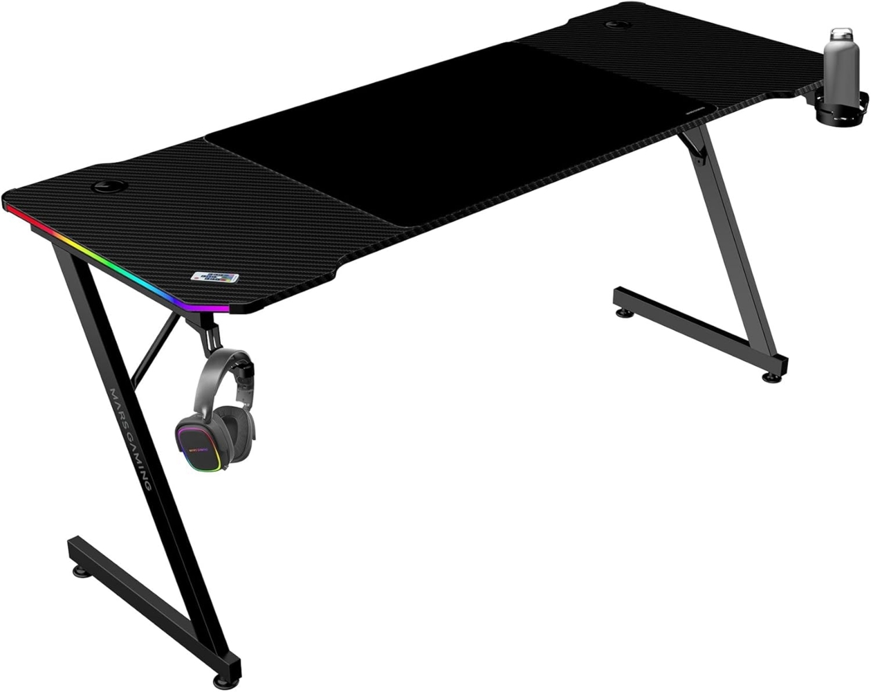 MARSGAMING MGD-X160RGB, Ergonomischer Gaming-Tisch, ARGB-Beleuchtung mit Fernbedienung, Carbonfaser, XXL-Mauspad, Kopfhörer und Getränkehalter, Kabelmanagement, Gaming-Schreibtisch 160x60 cm, Schwarz Bild 1