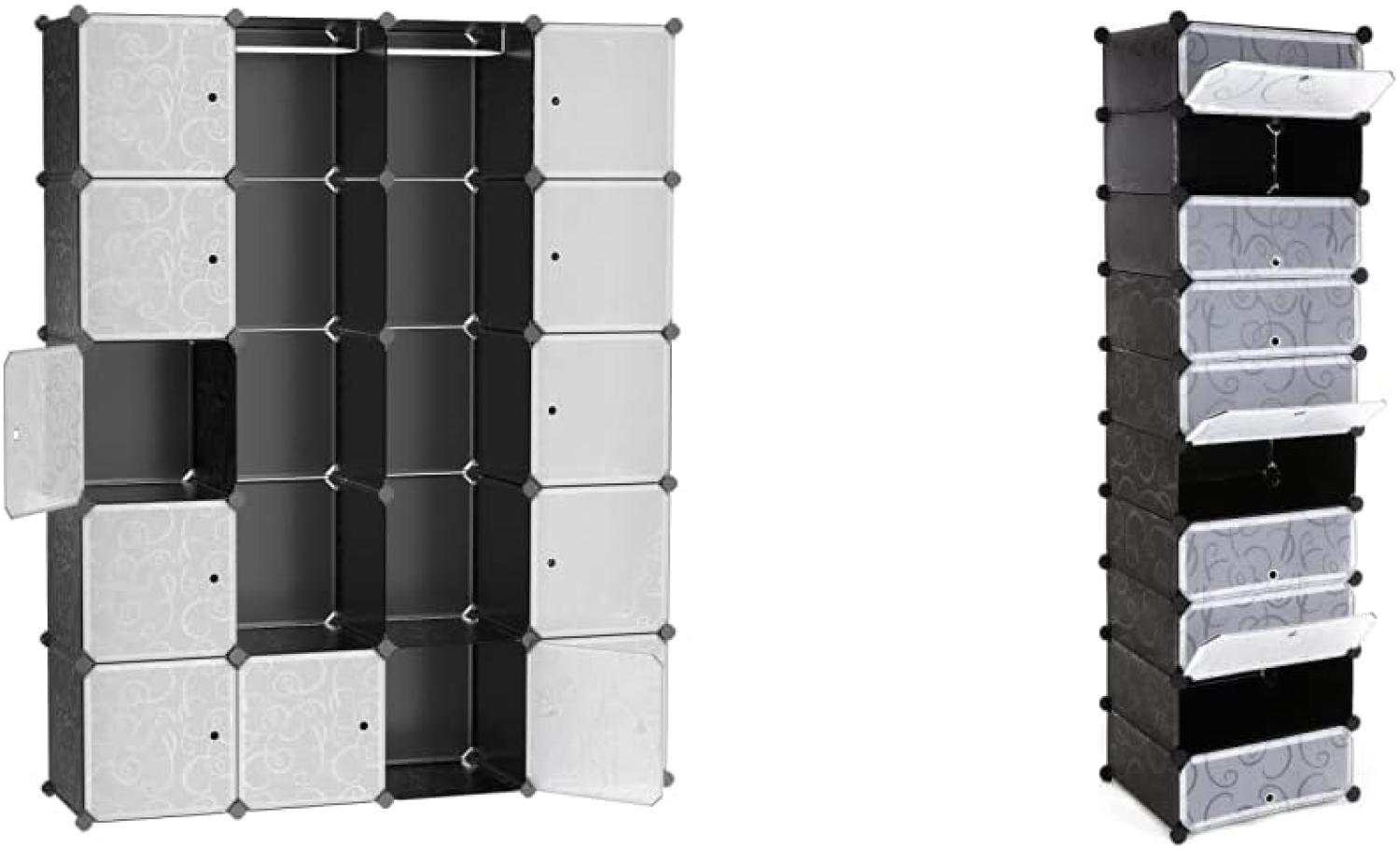 Songmics Schuhregal 10 Ebenen, DIY Schuhschrank mit Tür, Schuhablagen aus PP-Kunststoff, 48 x 36 x 173 cm, schwarz & Garderobe Kleiderschrank Mit 2 Kleiderstange, 143 x 36 x 178 cm, schwarz LPC30H Bild 1