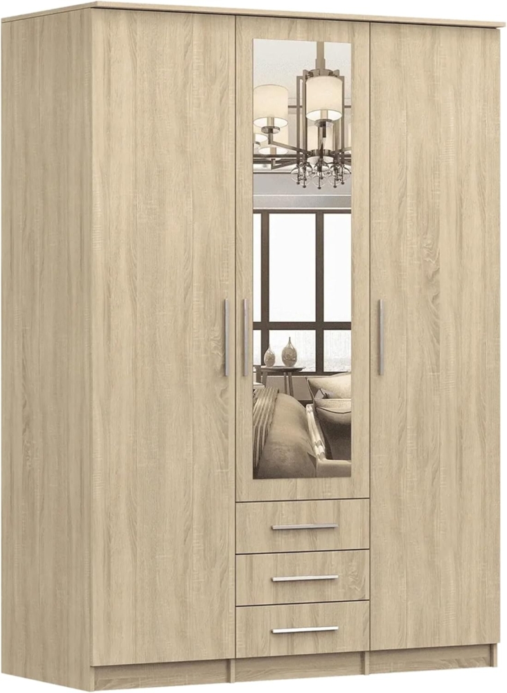 Schwebetürenschrank Szantal 3D mit Spiegel, Kleiderschrank mit DREI Schubladen, Kleiderstange und Einlegeböden, Schlafzimmerschrank, Schiebetüren, Modern Design (Sonoma/Sonoma) Bild 1