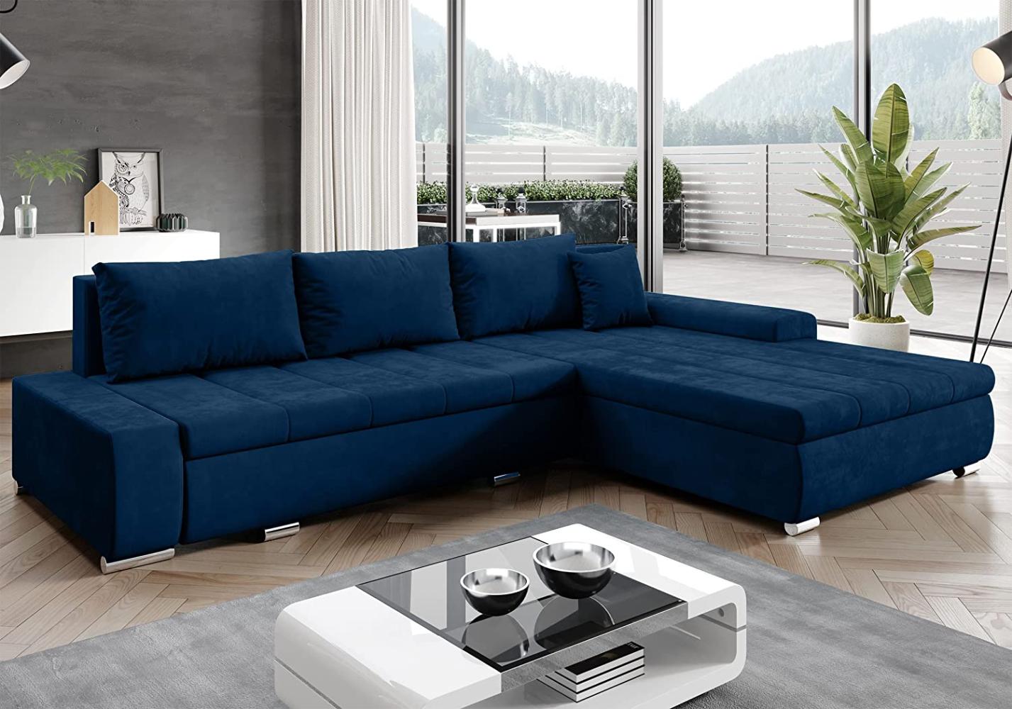 FURNIX Ecksofa Tommaso mit Schlaffunktion und Bettkasten - Couch Sofa mit Kissen - L-Form Sofa, Stellfüße in Chromoptik - B297 x T210 x H85 cm, Liegefläche 255 x 150 cm - MH77 (blau) Bild 1