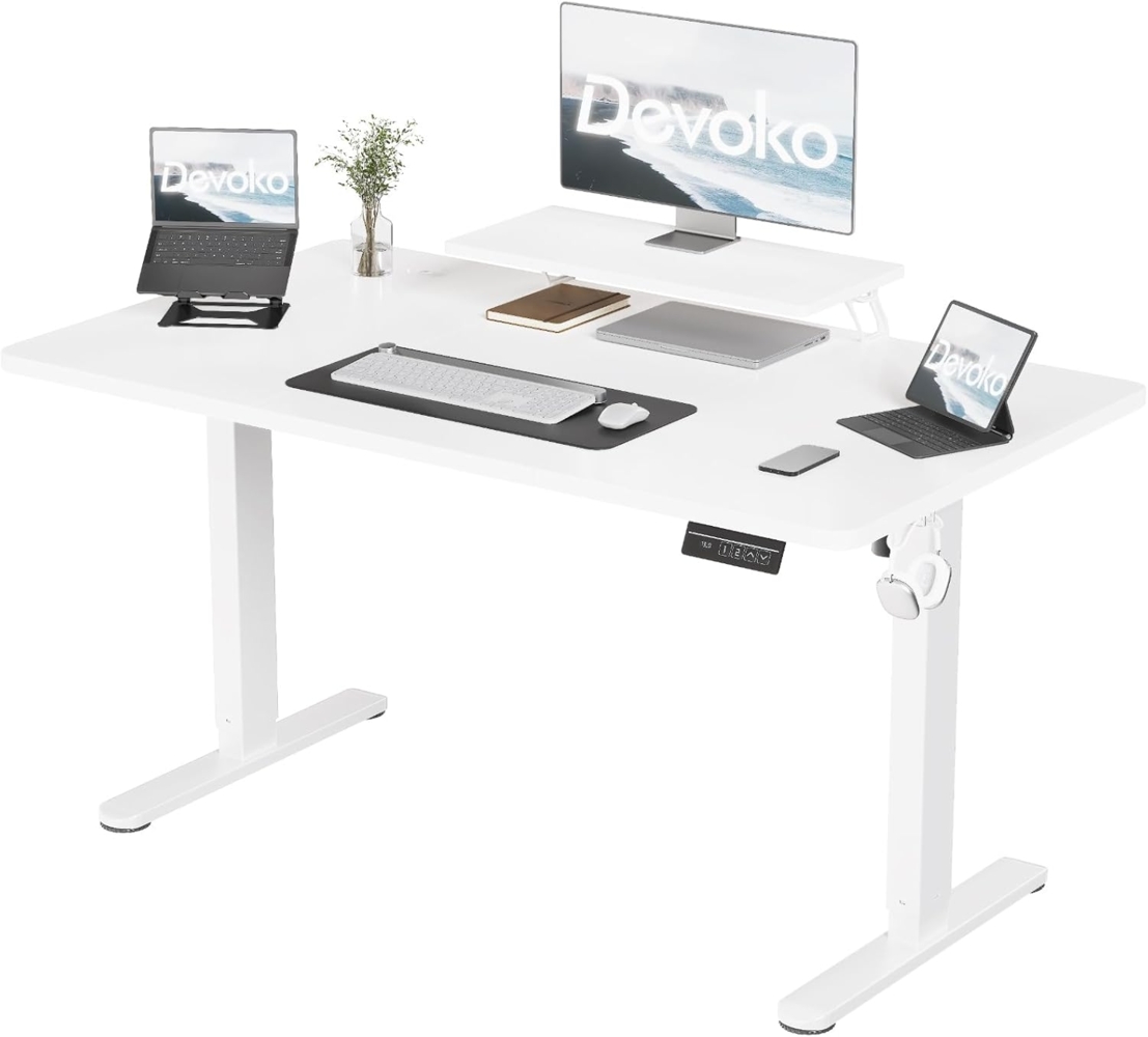 Devoko 160×70cm Elektrisch Höhenverstellbarer Schreibtisch mit Monitorständer, Computer-Schreibtisch, mit 2 Höhen-Speicherfunktionen, Weiße Bild 1