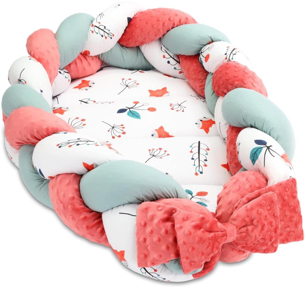 Babynest Neugeborene Nestchen Baby – Minky Kuschelnest mit Zopf Kissen zerlegbares Set zweiseitig Babynestchen Babybett 75x45 cm, Fuchs Bild 1