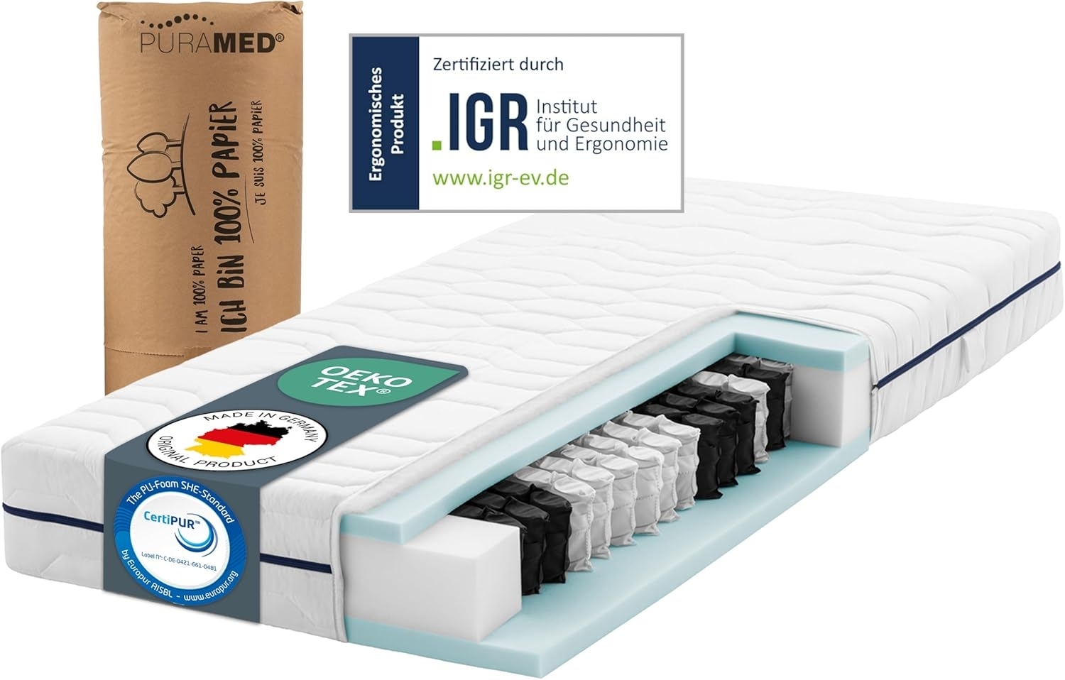 PURAMED Taschenfederkernmatratze 100x200 cm | Härtegrad H4 | Höhe 20 cm | ergonomische 7-Zonen Matratze | waschbarer Mikrofaser-Bezug | Oeko-TEX® & CertiPUR Zertifiziert | produziert in Deutschland Bild 1