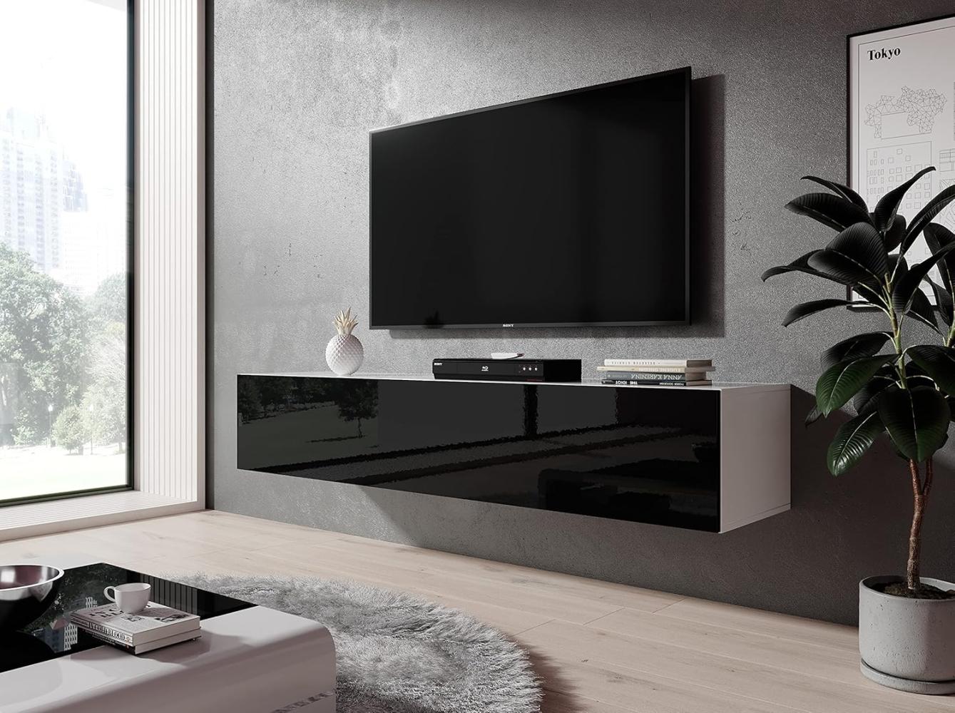 Furnix TV Kommode Zibo Fernsehschrank B160 x H34 x T34 cm - TV-Schrank hängender Lowboard Sideboard, 2 Ablagen mit Klappen, max. Belastung bis 30 kg, Wandmontage, Glänzend Schwarz Bild 1