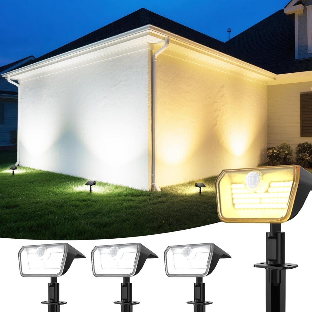 Linkind solarlampen 2 in 1 Solar Strahler Außen mit Bewegungsmelder 3000K & 6500K, 60-LEDs Außen Gartenstrahler mit Dauerlicht und Lade-anzeige, IP67 Wasserdicht Solar Wegelampen 8M/120°, 3 Stück Bild 1