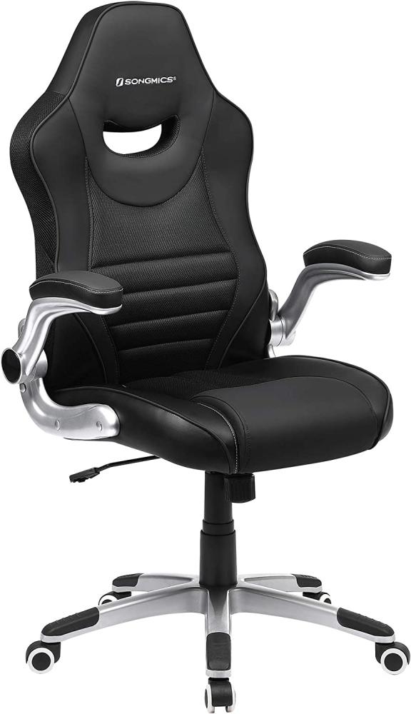 Songmics Bürostuhl, ergonomischer Drehstuhl, Gamingstuhl mit hochklappbaren Armlehnen, Computerstuhl, Nylon-Sternfuß, max. statische Belastbarkeit 150 kg, fürs Büro, schwarz OBG63BK Bild 1