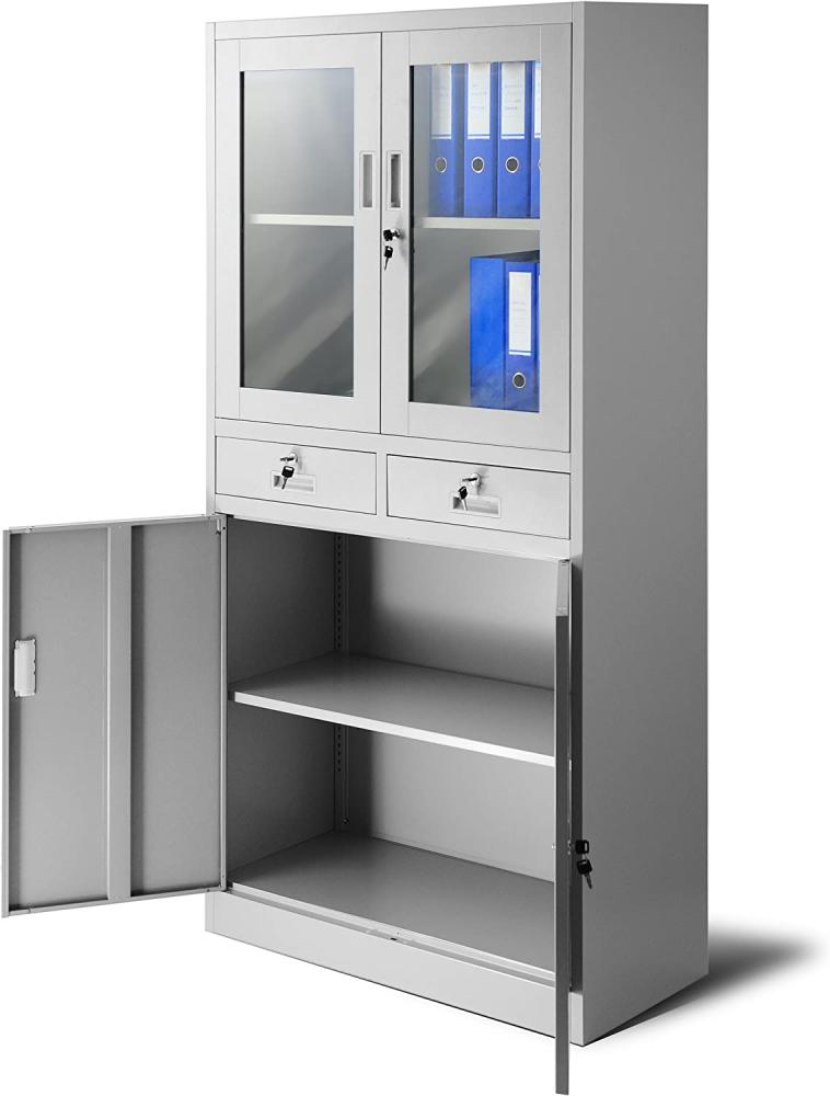 Aktenschrank C017 mit 2 Schubladen Medizinschrank Büroschrank 2 Abeteile Pulverbeschichtung Stahlblech 185 cm x 90 cm x 40 cm (Grau) Bild 1