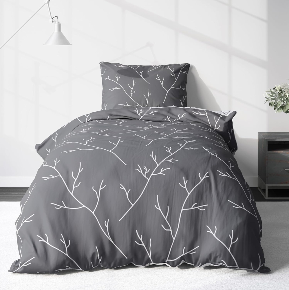 LINKHOFF Wendebettwäsche Biber Bettwäsche 135x200 / 155x220cm - Zweigemuster in Grau Weiß, Anthrazit Zweige 100% Baumwolle Bettwäsche-Set Aesthetic Floral Bild 1