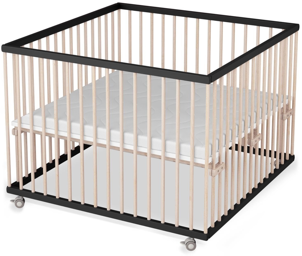 Sämann Laufstall Baby 100x100 cm mit Matratze | TÜV geprüft 2024 | stufenlos höhenverstellbar | Laufgitter Premium | Babybett aus Holz | Krabbelgitter schwarz/natur Bild 1