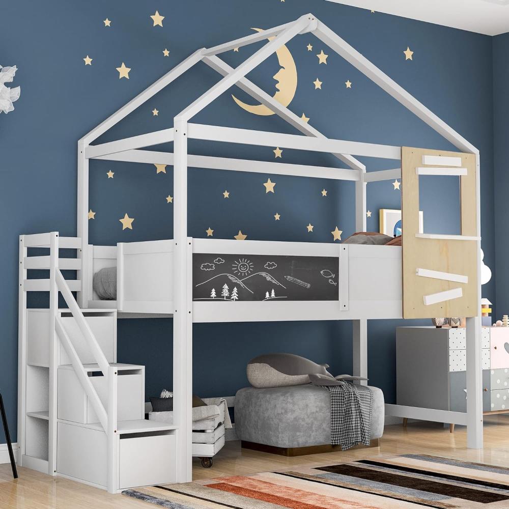 Hausbett, Kinderbett, Hochbett für Kinder 90x200 cm - Kinderbett aus Holz mit Rausfallschutz, Kinderbett mit Dach, Jugendzimmer mit Treppe und Fenster, mit Lattenrost, Treppe mit 3 Schubladen, Weiß Bild 1