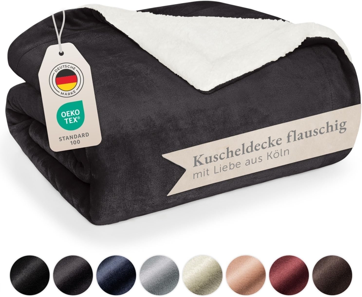 Blumtal Premium Sherpa Kuscheldecke 230x270 cm - warme Decke Oeko-TEX® zertifizierte Dicke Sofadecke, Tagesdecke oder Wohnzimmerdecke, Anthrazit Bild 1