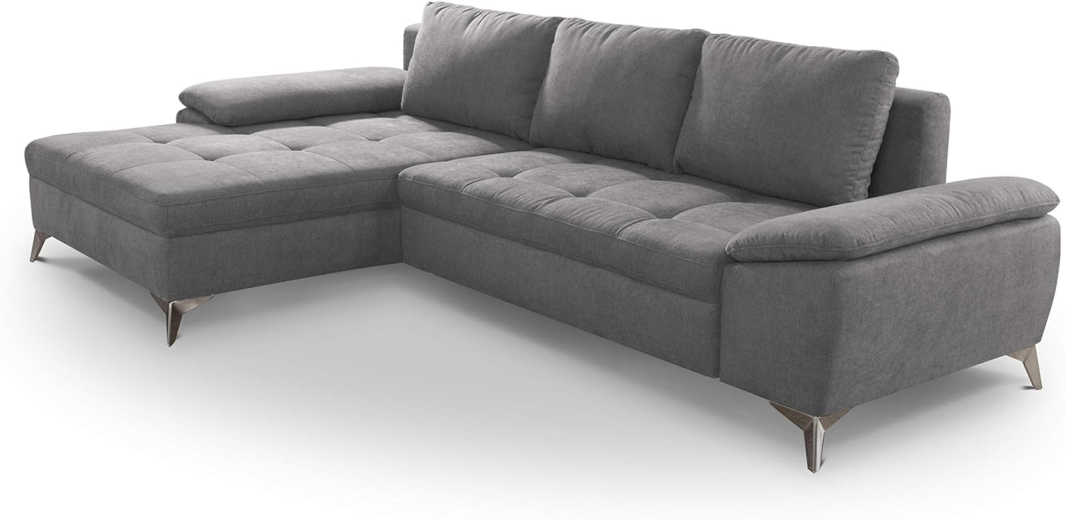 CAVADORE Schlafsofa Lina Ecksofa mit Schlaffunktion, Bettkasten, Longchair und Steppung im Sitz / 270 x 85 x 163 / Flachgewebe: Hellgrau Bild 1