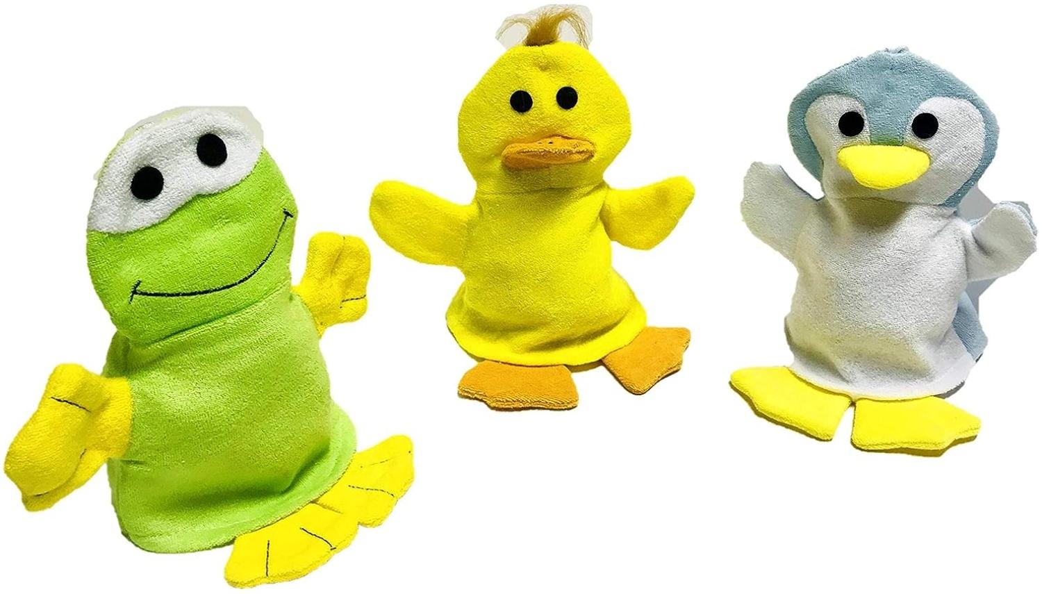 Waschhandschuh 3-er Set aus Ente, Pinguin, Frosch I Waschlappen u. Handpuppe mit Tiermotiven I fröhlichen Badespaß für Babys und Kinder ab 0 Jahren I inkl. Minis Geschenk I Kinderwaschlappen weich Bild 1