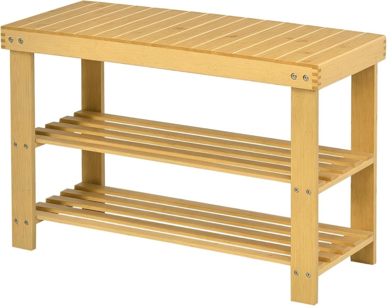 HOMCOM Sitzbank Schuhregal mit 3 Etagen (Garderobenbank, 1-St, Schuhaufbewahrung), Naturholz 70 x 28 x 45 cm Bild 1