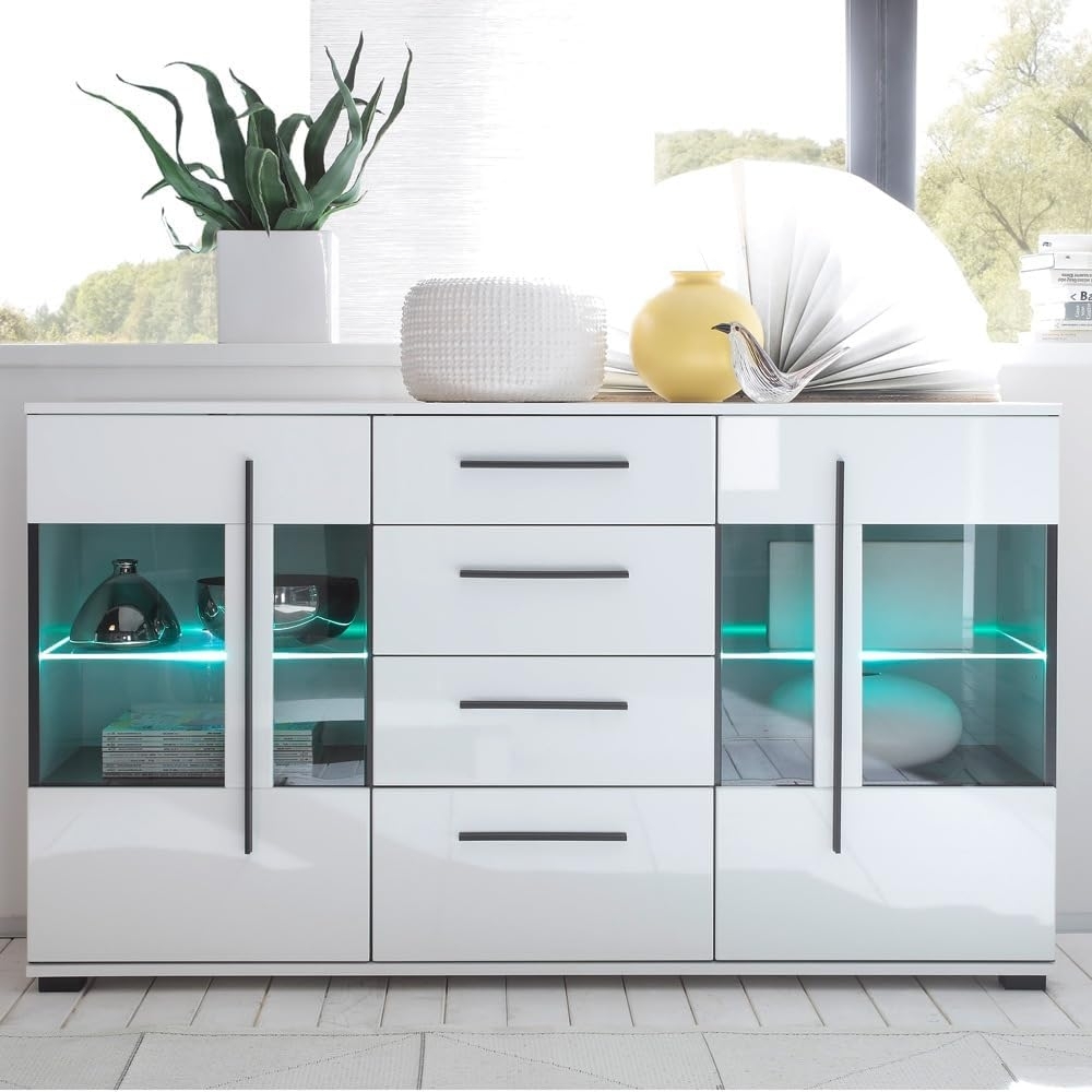 Sideboard inkl. Beleuchtung COLORADO-61 in weiß Hochglanz und teilweise Glastüren Grauglas BxHxT ca. 150 x 86 x 42 cm Bild 1