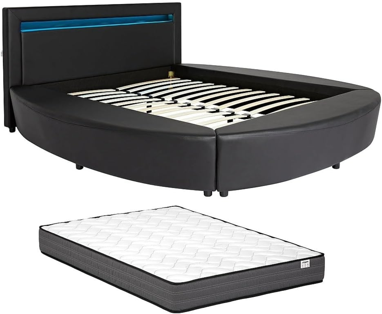 Vente-unique - Bett 160 x 200 cm - Mit LED-Beleuchtung - Kunstleder - Schwarz + Matratze - ABULIS III Bild 1