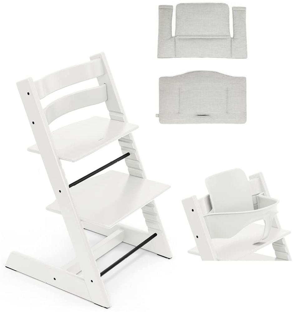 Stokke 'Tripp Trapp' Hochstuhl, white, höhenverstellbar, Buche, inkl. Classic Kissen & Babyset in Nordic Grey Bild 1