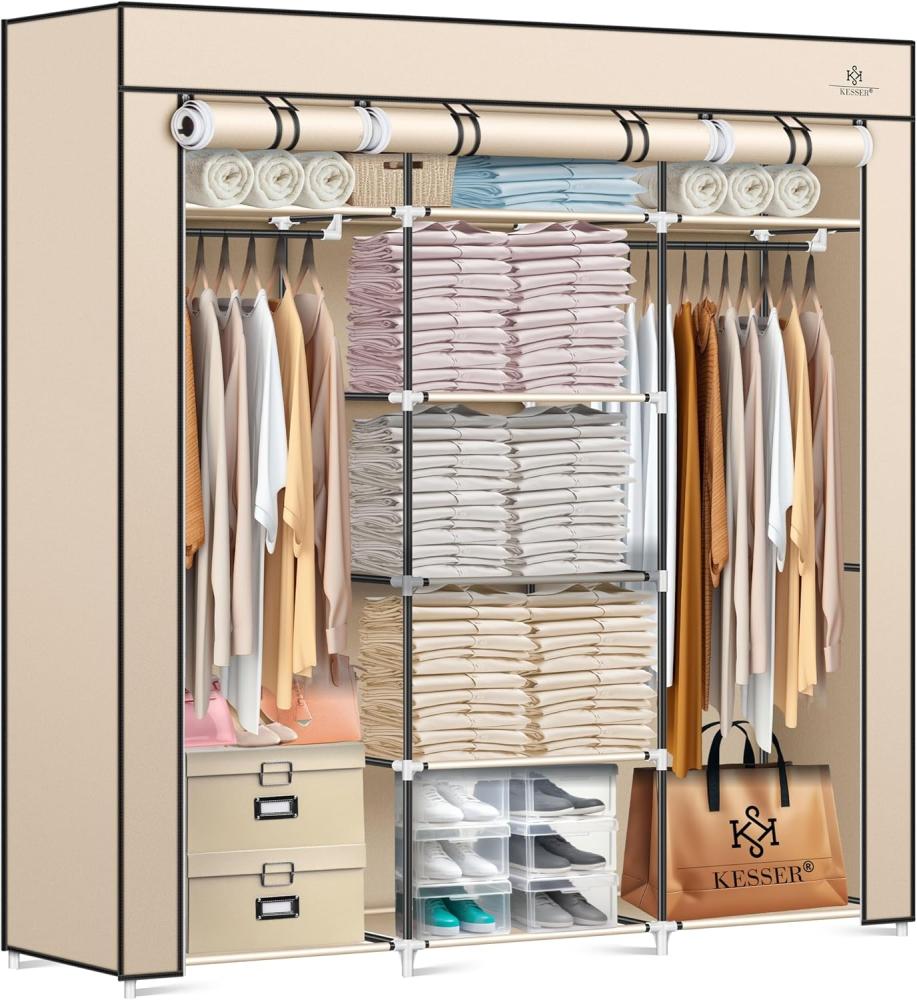 KESSER® Kleiderschrank Stoffschrank Stabil mit Kleiderstange & Ablagen, Inkl. 5x Kleiderbügel, Stoff Faltschrank für Schlafzimmer, Ankleidezimmer Garderobe mit Kleiderständer 150x45x175cm Beige Bild 1