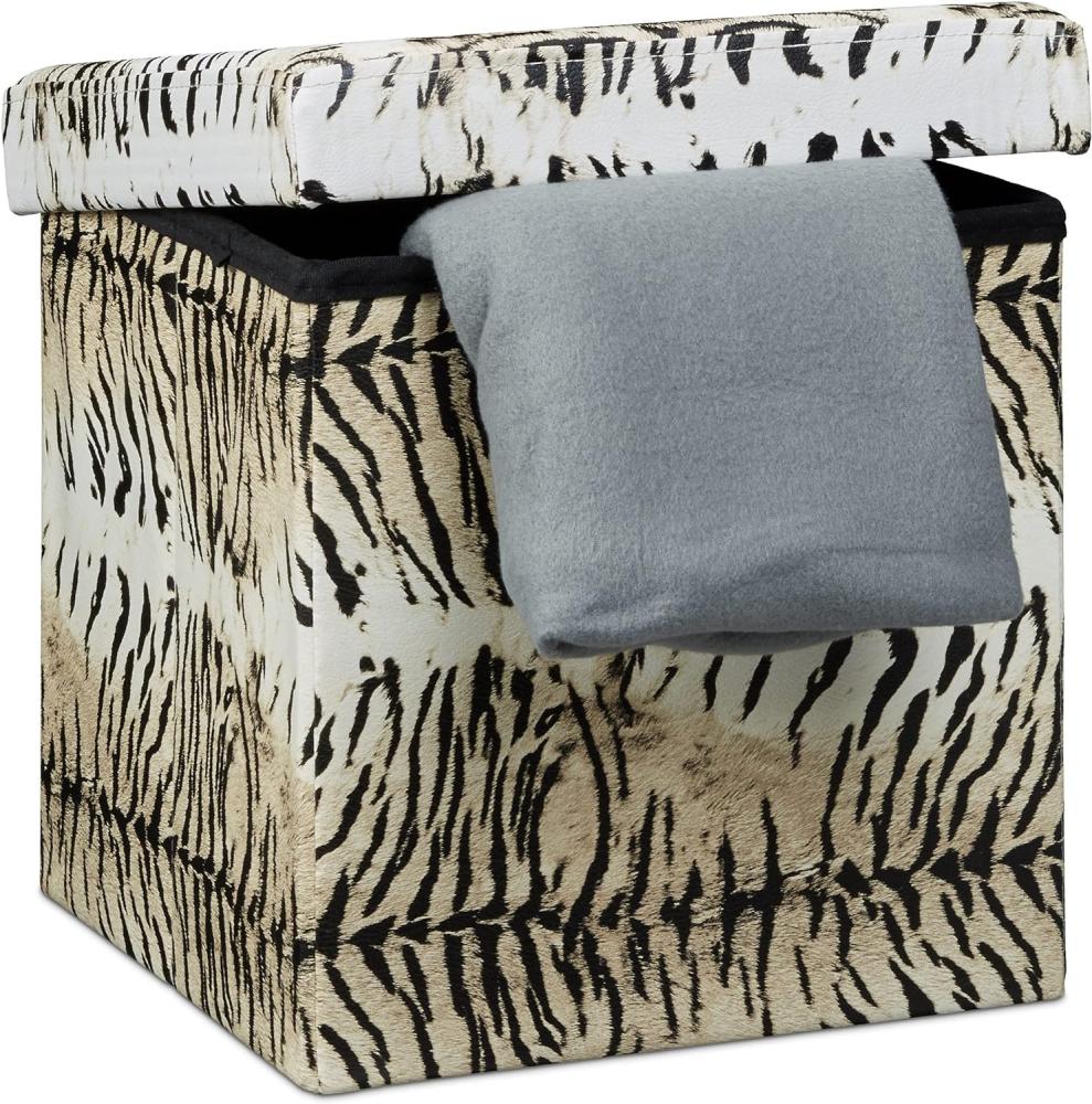 Relaxdays Faltbarer Sitzhocker 38 cm stabiler Sitzwürfel mit trendigen Motiven als praktische Ablage als Sitzwürfel mit bedrucktem Kunstleder als Aufbewahrungsbox mit Stauraum und Deckel, Tiger beige Bild 1