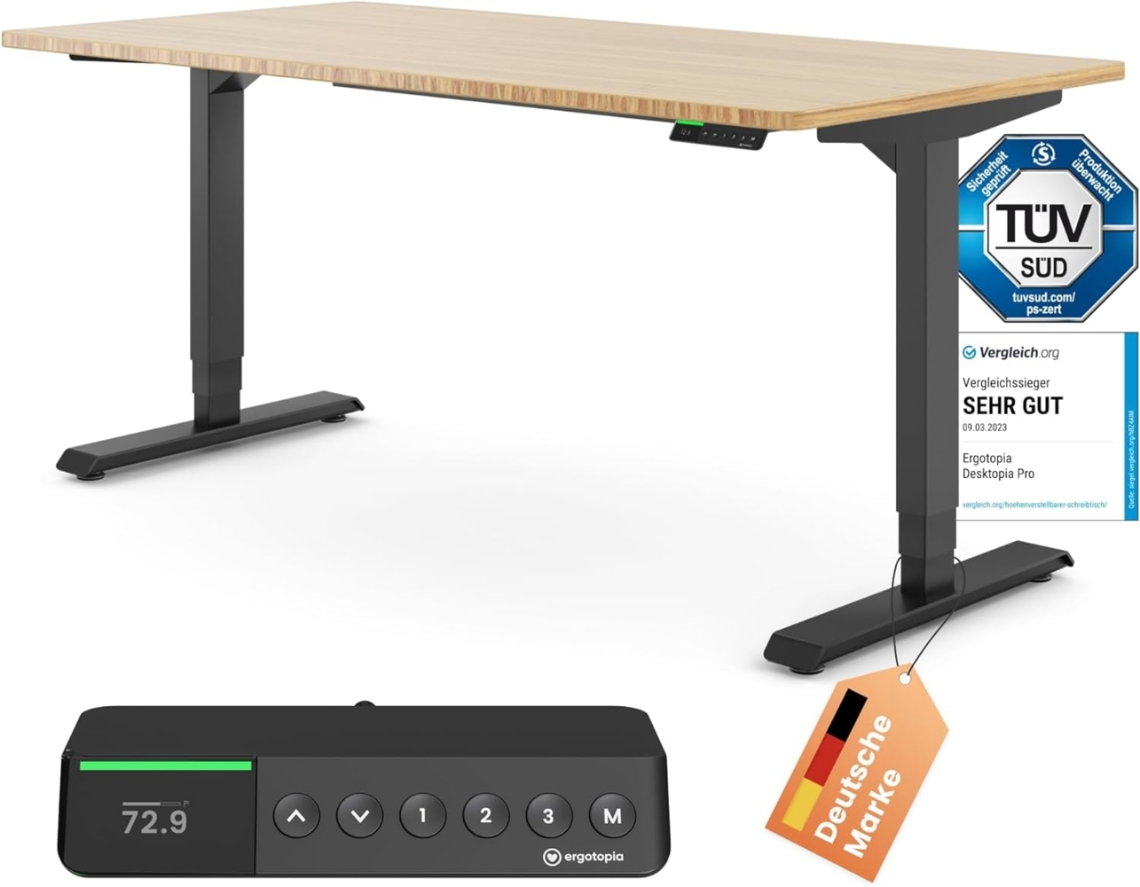 Desktopia Pro X - Elektrisch höhenverstellbarer Schreibtisch / Ergonomischer Tisch mit Memory-Funktion, Bambus Echtholz, Gestell Schwarz, 180x80 cm Bild 1