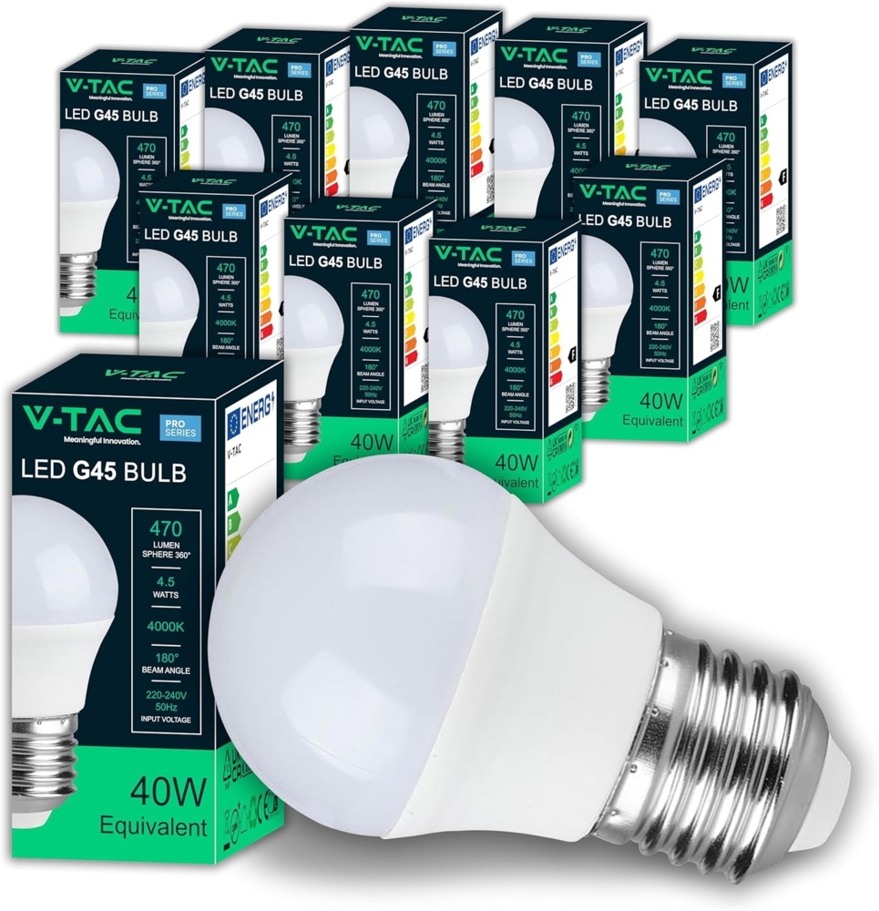 V-TAC 10x LED Glühbirne G45 -[ Maximale Effizienz 4,5W ] - E27 - (Entspricht 40W) - 10er Pack - 470 Lumen - LED Glühlampen - Energiesparlampe - Licht 4000K Neutralweiß Bild 1