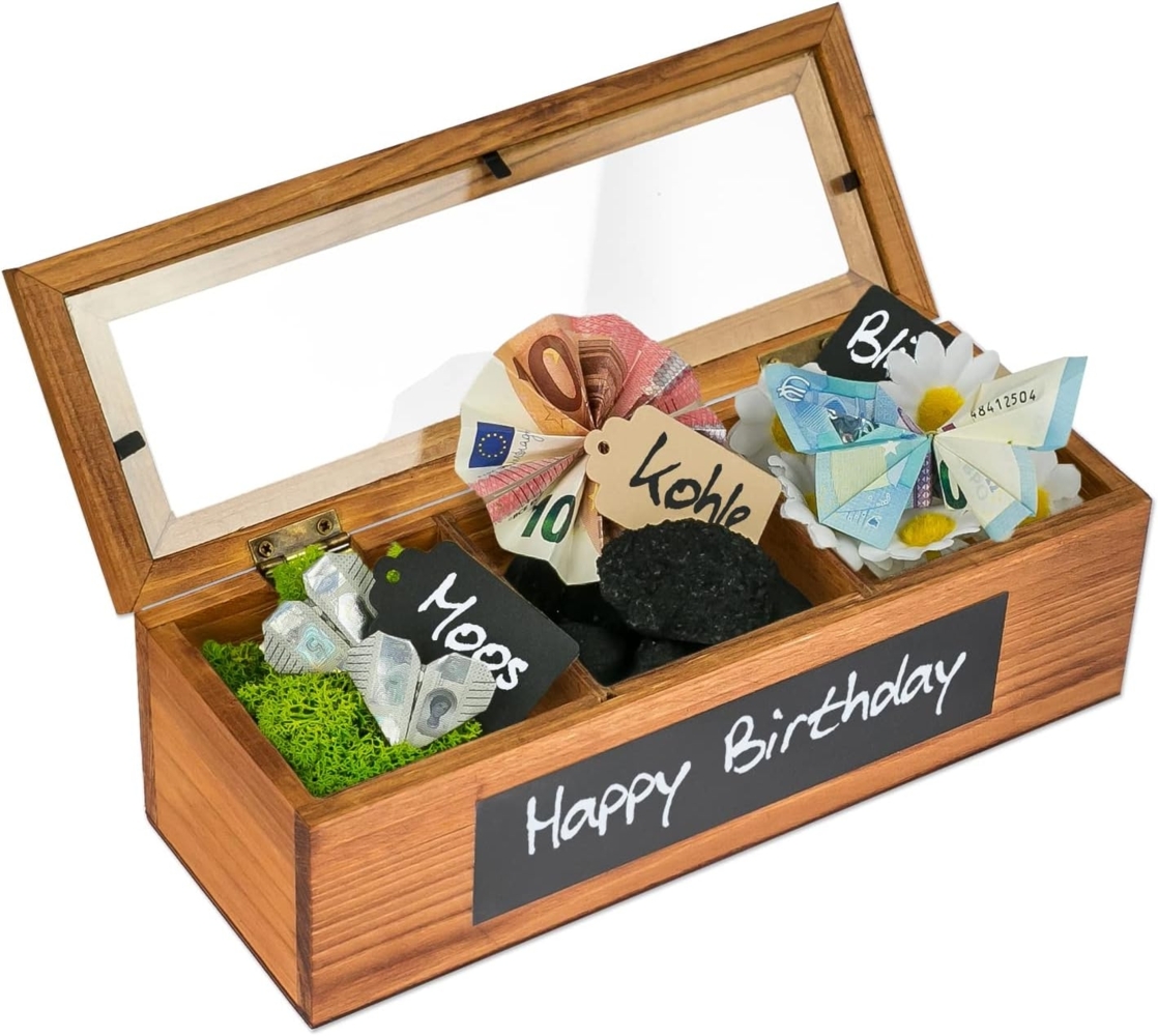 SURPRISA Geschenkbox Schotter-Schatulle Geldgeschenk, aus Pinienholz, 3 Fächer, Geschenk zur Hochzeit, Geburtstag usw. Bild 1