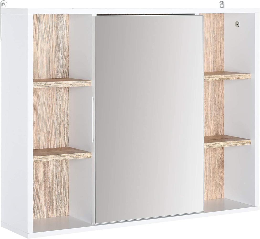 HOMCOM Spiegelschrank Badschrank Hängeschrank Wandschrank mit Spiegel Badmöbel Mehrzweckschrank mit 6 offenen Ablagen, Spanplatte+MDF, Weiß + Natur 60 x 14,5 x 49,4 cm Bild 1