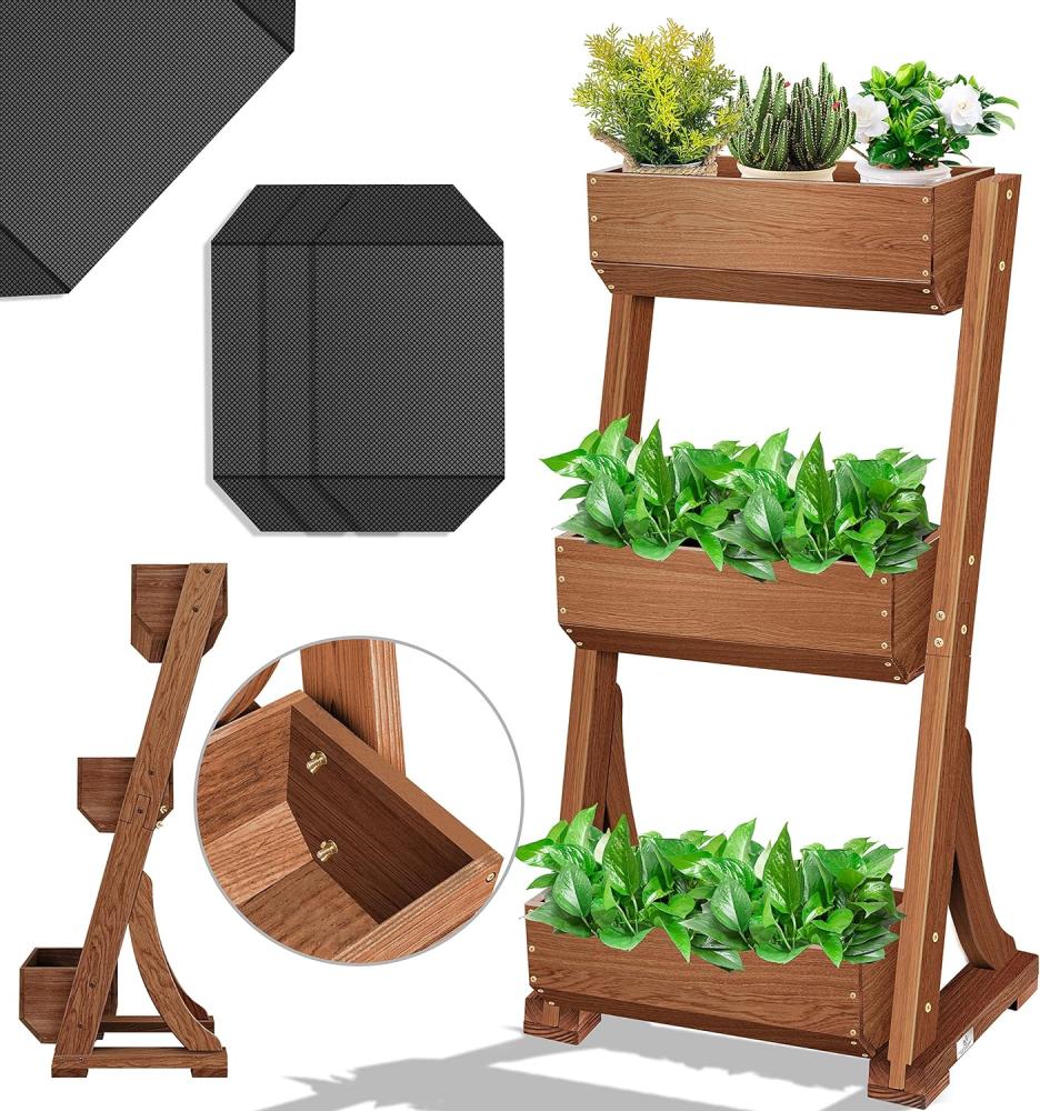 KESSER® Hochbeet mit Etagen Premium Blumenkasten Blumentreppe Pflanztreppe - Gemüsebeet Kräuterbeet Pflanzkübel Frühbeet Blumenbeet Pflanzkasten inkl. Gartenvlies- Beet für Terrasse Balkon & Garten Braun, 3 Etagen Bild 1