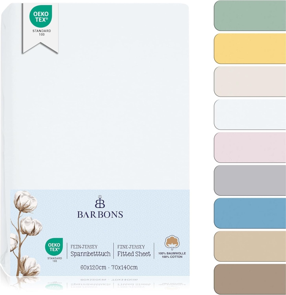 BARBONS Spannbettlaken für Baby/Kinderbett - 100% Jersey-Baumwolle Oeko-TEX Standard 100 Zertifiziert Bettlaken für Babybett (Weiss - 60x120 cm / 70x140 cm) Bild 1