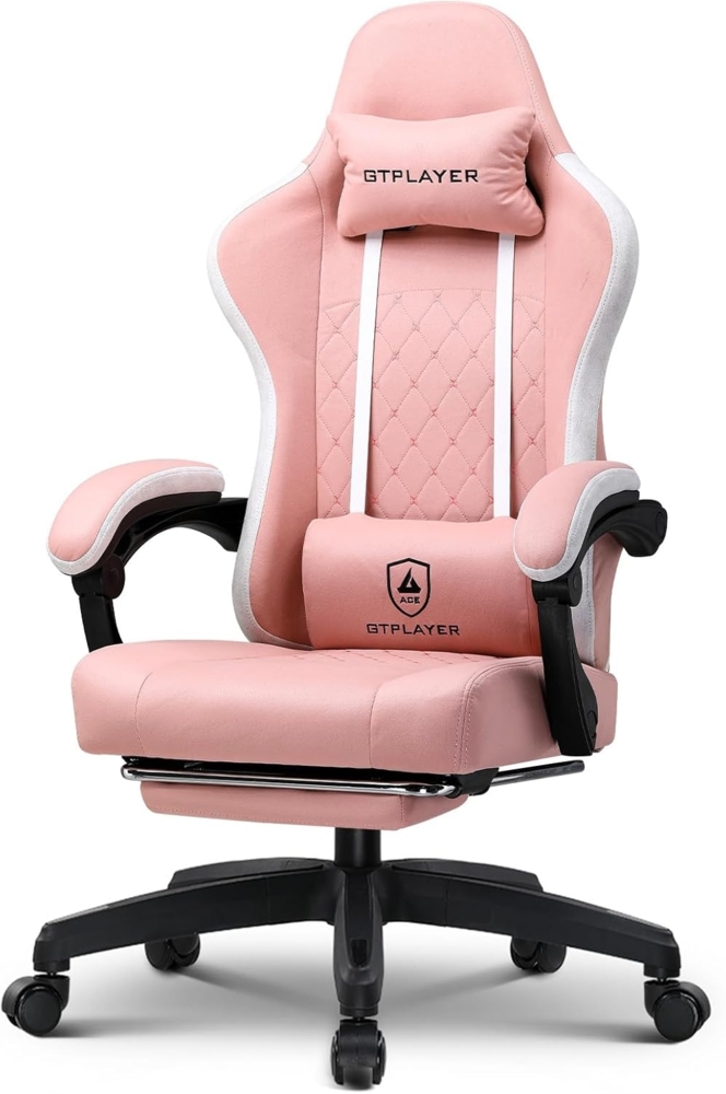 GTPLAYER Gaming Stuhl Ergonomischer Gaming Sessel Schreibtischstuhl mit Stoffoberfläche, Federsitzkissen, Verbindungsarmlehnen und Fußstütze ROSA Bild 1