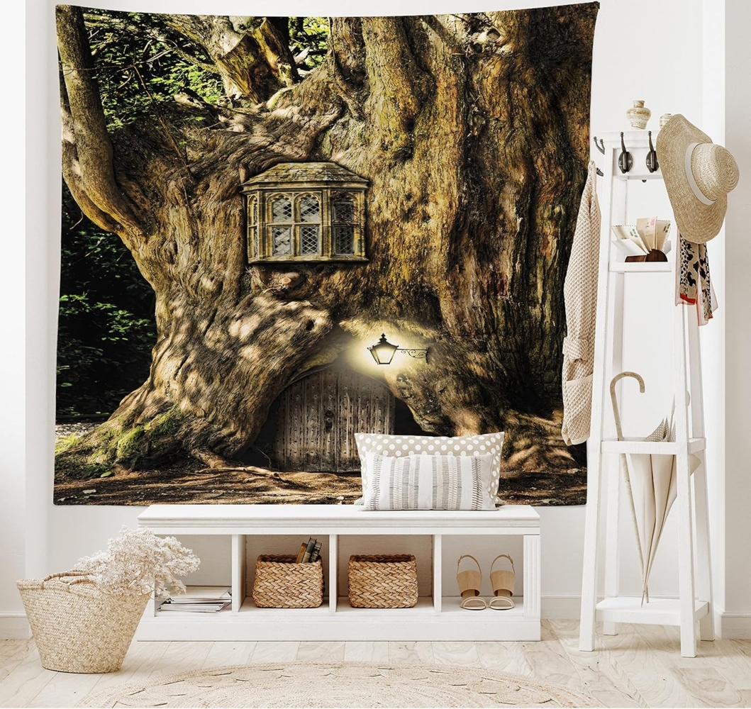 ABAKUHAUS Fantasie Wandteppich und Tagesdecke, Märchenhaus Baum aus Weiches Mikrofaser Stoff Waschbar ohne Verblassen Digitaldruck, 230 x 140 cm, Braun Bild 1