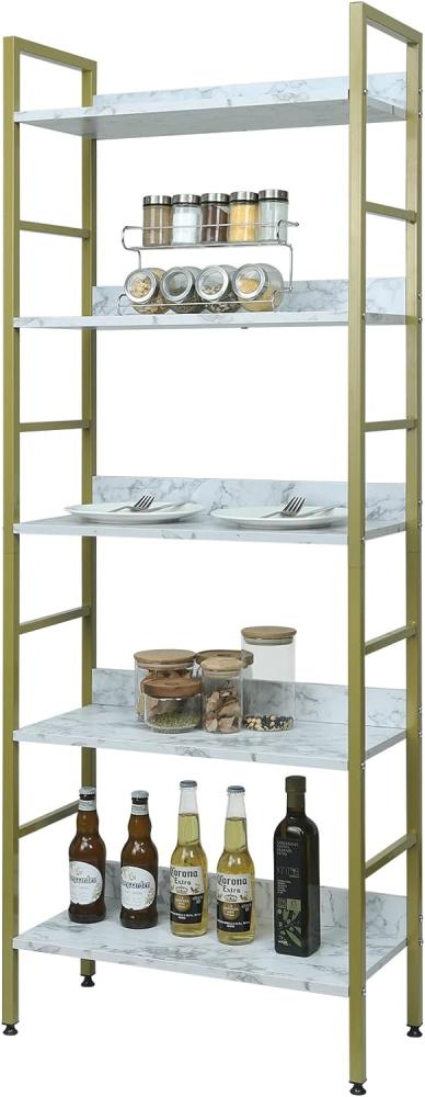 eSituro Standregal Badregal Küchenregal Badezimmer Bücherregal Aufbewahrung Leiterregal Stufenregal platzspazierend modern Stil 5 Ablagen Golden+Weißer Marmor Metall+MDF 60x27. 5x160CM SSTR0086 Bild 1